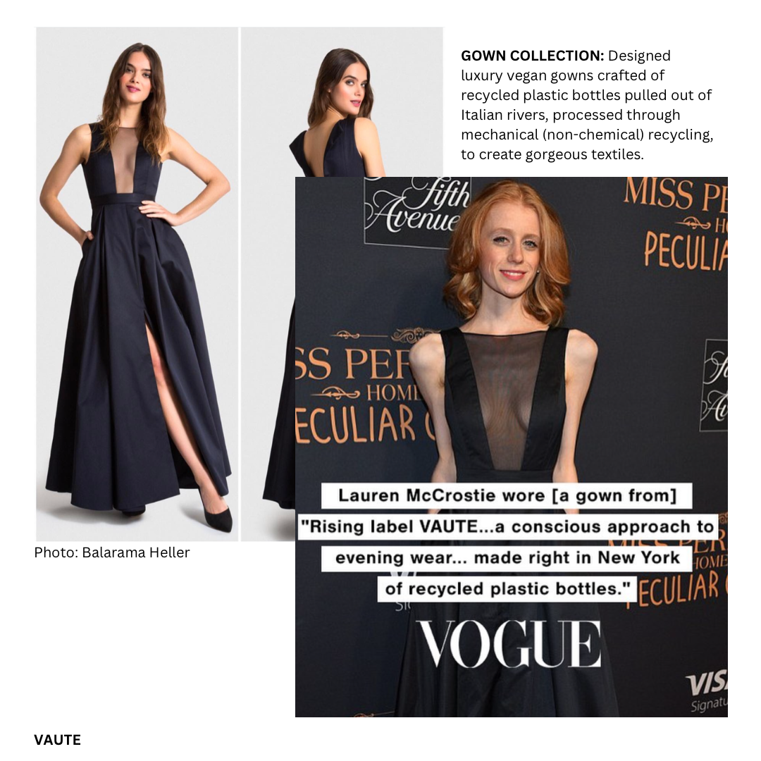 Sustainable red carpet gowns designed by Leanne Mai-ly Hilgart for VAUTE, as seen in VOGUE.